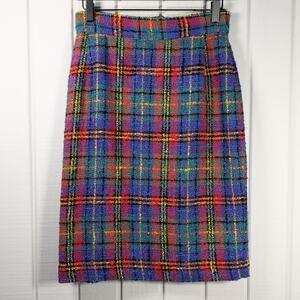1980s Jerri Sherman Vintage Plaid Tweed Bright Multi-Colored Skirt Size 8